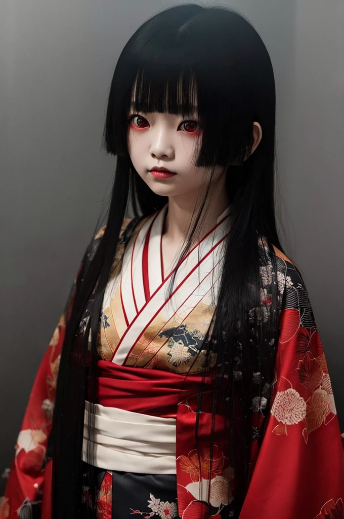 Highest quality、Masterpiece、Highest detail、Japanese Yokai、A lone hell girl floating in the darkness、Bob-haired beautiful girl、Vermilion eyeliner、A simple thin kimono with a red ruffled chest、Glare、Feeling fear、Dense foggy black background、Multiple exposure dense fog