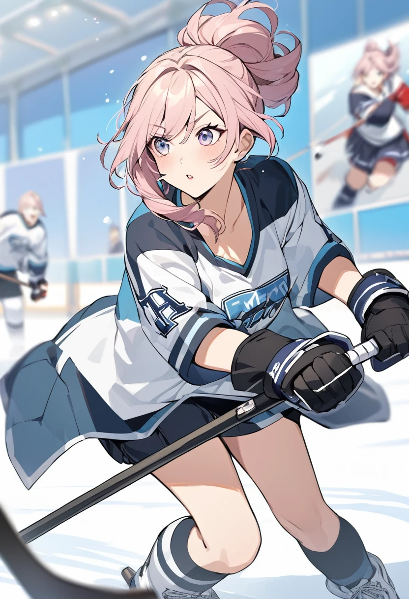 Make an image of a beautiful pretty girl playing hockey, she's pretty