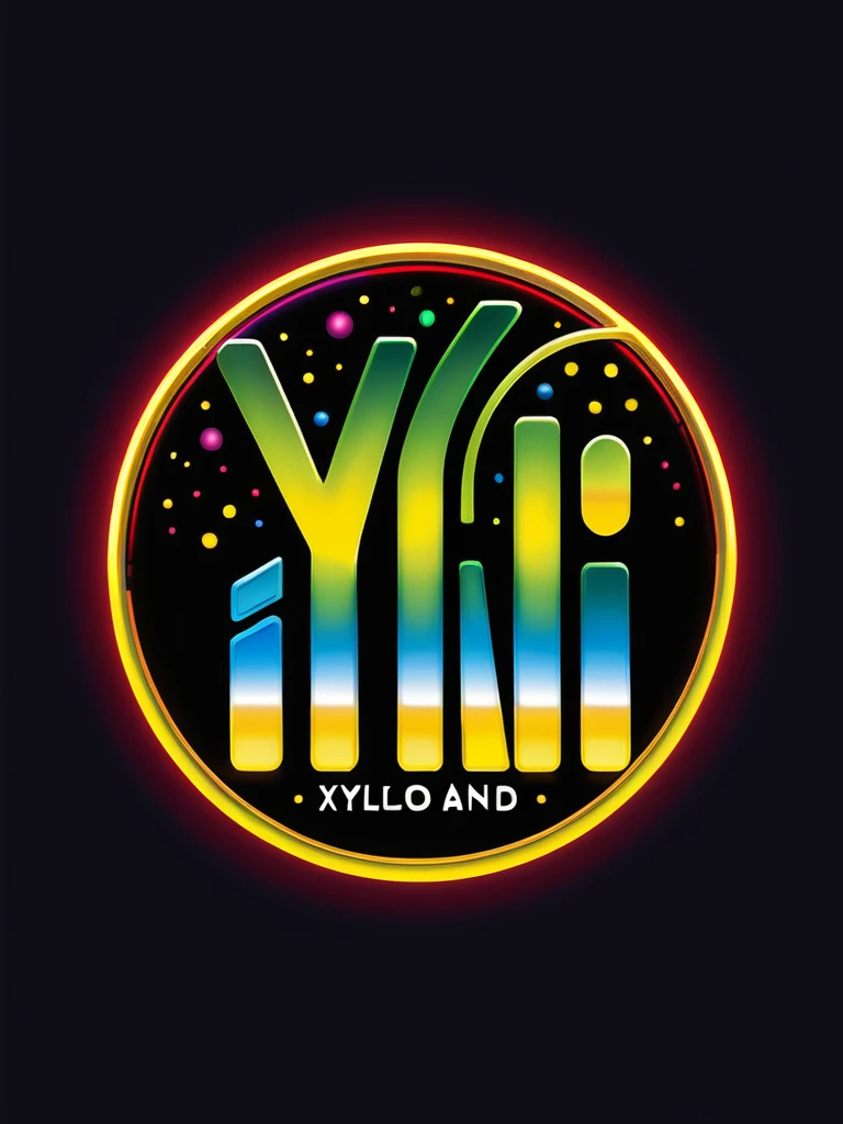 Design a logo for "Xylo Band" that incorporates lots of vibrant colors and elements related to lights. Intertwine abstract representations of xylophone keys with neon light streaks or beams. Use a variety of bold and contrasting colors like red, blue, green, and yellow to create a lively and dynamic appearance. Include a top view outline of a firefly subtly integrated into the design. Ensure the firefly outline is sleek and modern, adding a touch of nature to the high-tech theme. The background should be dark to enhance the glowing effect of the lights and firefly outline. Aim for a composition that is modern, eye-catching, and reflects the energy and creativity of a musical band.