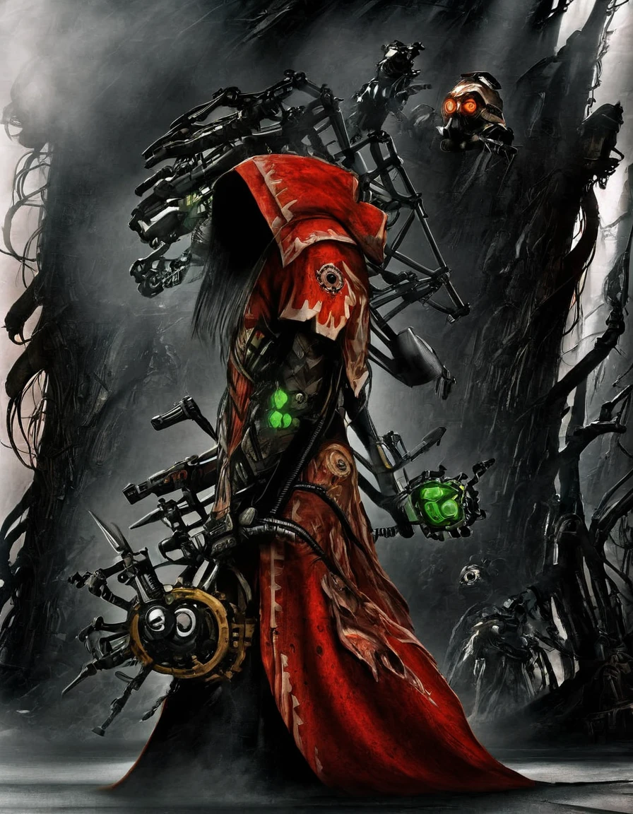 (wide angle:1.3, full body shot:1.3), dark sci-fi. Mechanicus techno-cultist in techno gothic temple, washed up red flowing modest ornate hooded techno-priestess dress (made from black circuit board), (face-covered:1.2) techno-cultist mask, (multiple:1.2) arms, (mechanical tentacle arm) with claws, mechanical (green:1.1) eyes, half skull half cog, rust, dirty red robes with oil stains, asymmetrical, (respirator:1.1), massive (backpack:1.2) with arms, gothic best quality, masterpiece, perfect anatomy, highres, ultra-detailed, 8k wallpaper, illustration, texture, detail, unique, aesthetics, HDR, extremely detailed CG, beautiful detailed eyes, dynamic lighting, cinematic lighting, perfect face, ray tracing