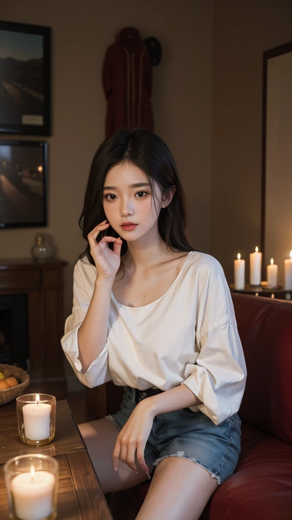 best quality,masterpiece,ultra high resolution,realistic,RAW photos, unity 8k wallpaper,vivid colors,cute pose, random fashion ,living room with candles,cowboy shot,warm color palette,
1 girl,elegant,3;, !!, amazed, dehisce, I became stupid, 