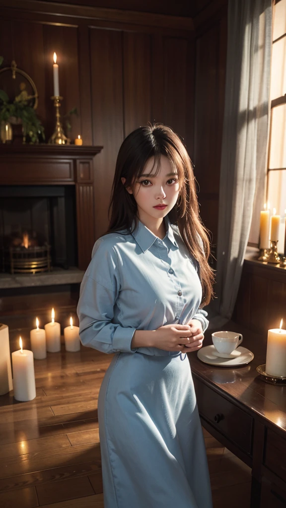 best quality,masterpiece,ultra high resolution,realistic,RAW photos, unity 8k wallpaper,vivid colors,cute pose, random fashion ,living room with candles,cowboy shot,warm color palette,
1 girl,elegant,3;, !!, amazed, dehisce, I became stupid,