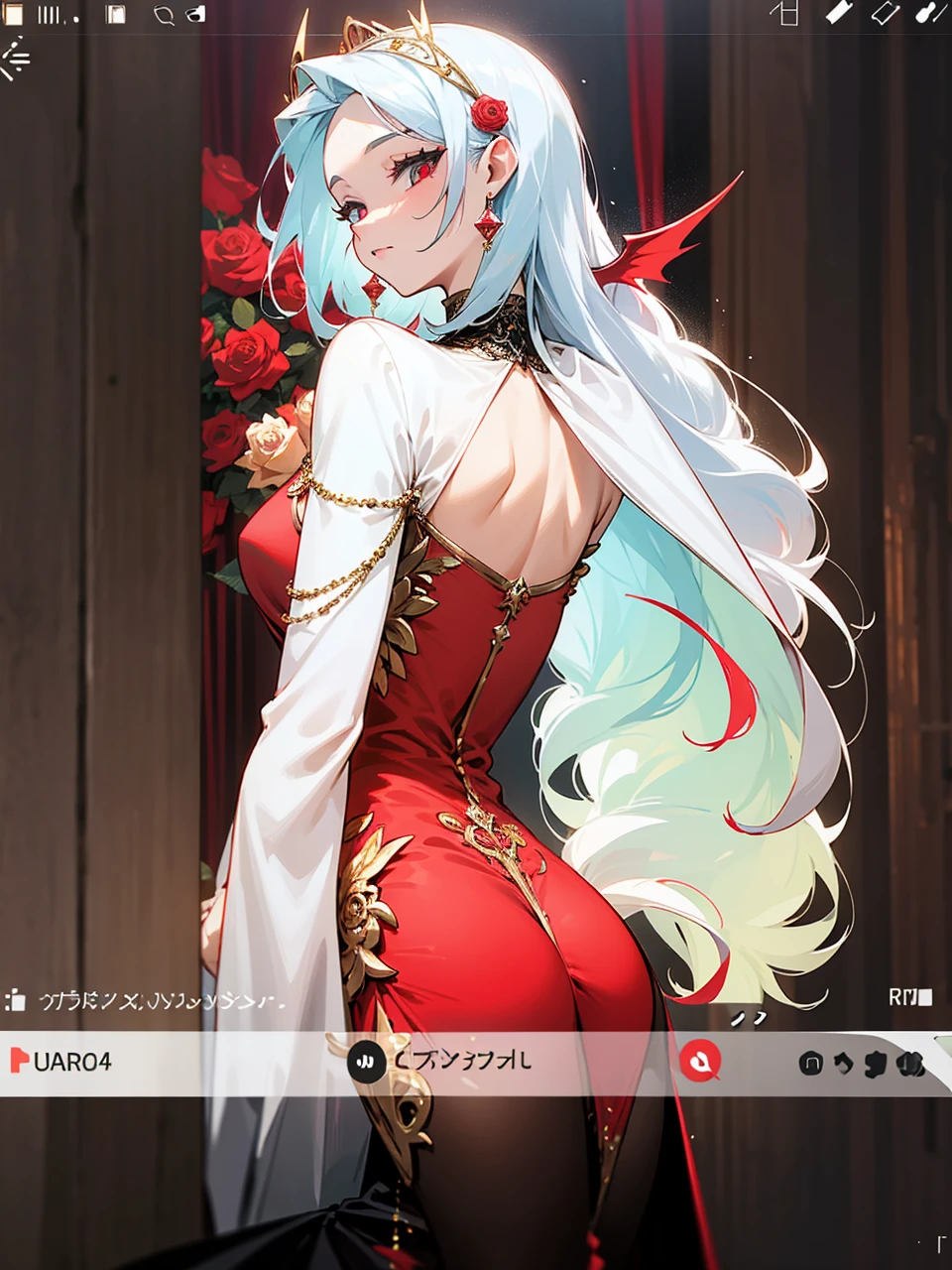 Add in roses to her dress, a good back dress design with some golden jewelry, make her dress into a red and white gown with a hat, give her some unique Jewelry, and make her look somewhat of a demonic angel like appearance to her