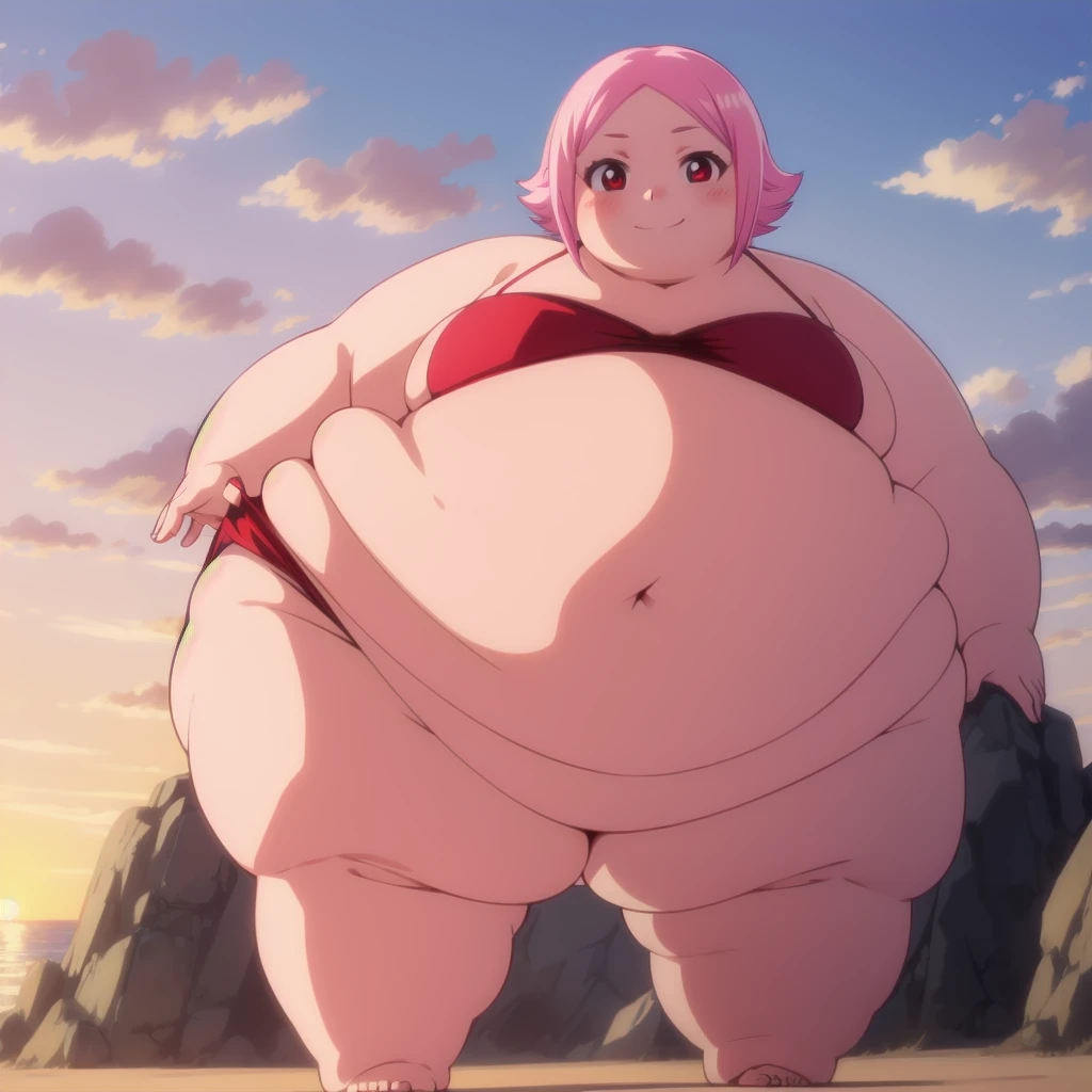 standing, smile, blush, 1girl, obese yachiru kusajishi, thick thighs, big cheeks, fat belly, small fat neck, cute, fat arms, perfect body, pink hair, short hair, red eyes, no pupils, small breats, red bikini, ultra detailed, masterpiece, best quality, aesthetic, detailed, beach sunset, nsfw