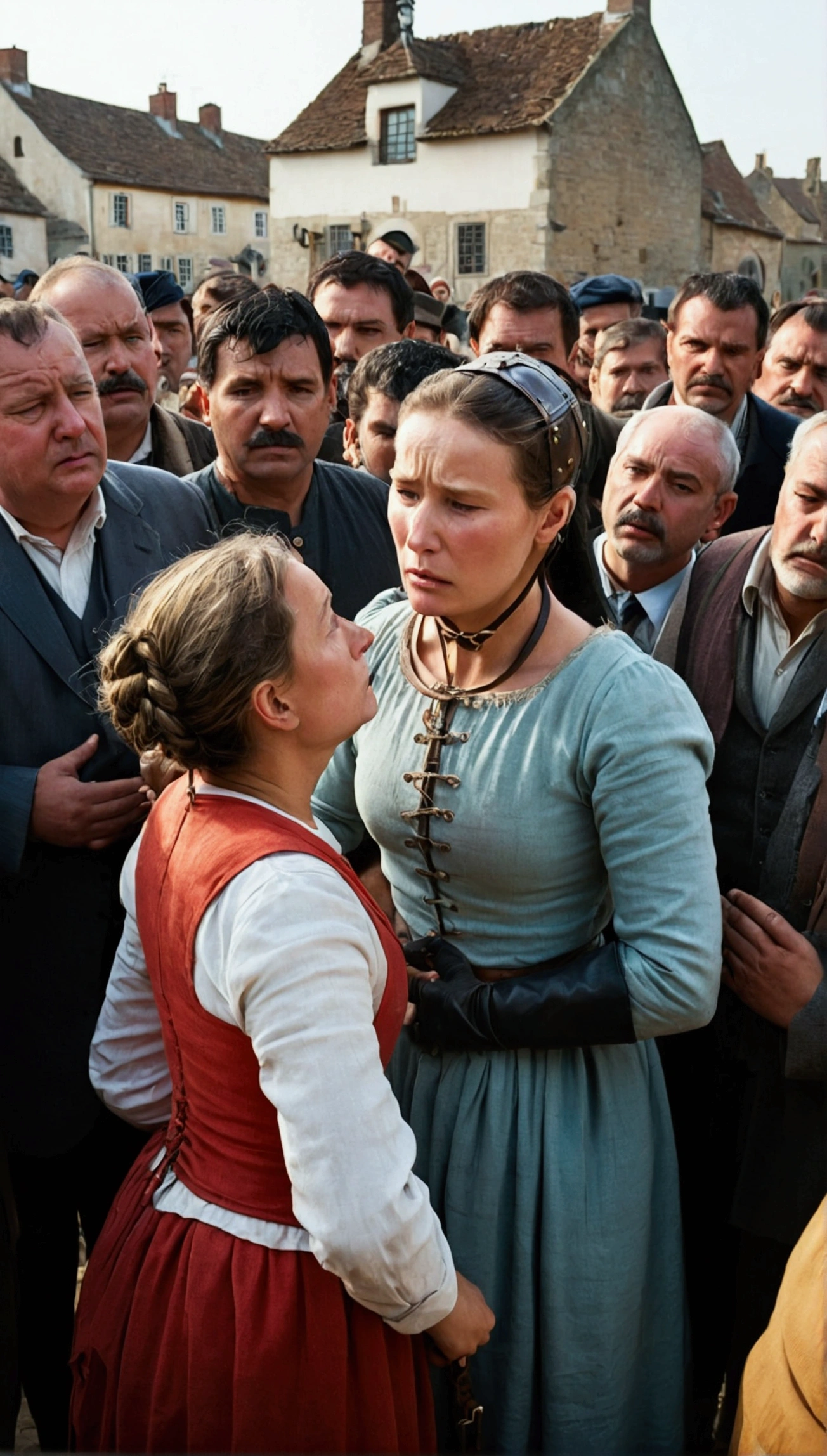 Image is a public scene where a woman is being fitted with the Scold's Bridle by a town official. The woman, looking distressed, is surrounded by onlookers. The setting is a village square. The lighting is bright, emphasizing the public nature of the punishment.