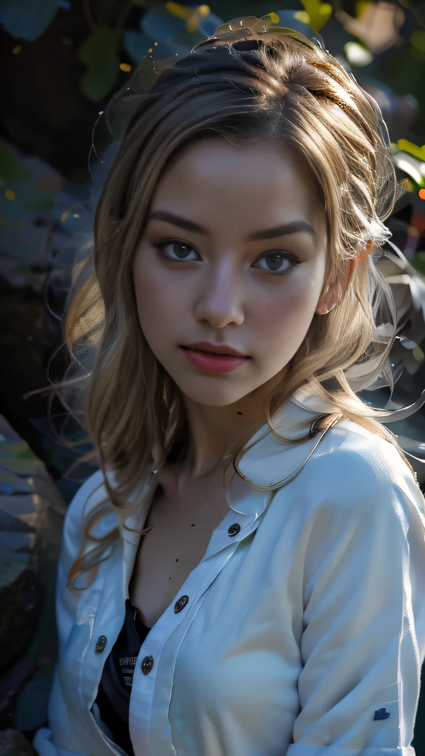 (Surreal), (picture), (High resolution), (In 8K), (Very detailed), (Best Illustration Photos), (Beautiful and fine details), (Highest quality), (Ultra-detailed), (masterpiece), (wallpaper), (Detailed face), solo, One Girl, Blonde Wavy Hair, Korean Beauty,Black Eyes, (A loose-fitting blue and yellow checked maid outfit), Long legs, Toned Abs, stockings、In a dark cave、(Pause_random)、Upper body portrait