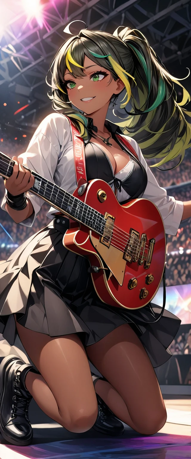 (highest quality:1.2, Very detailed, up to date, Vibrant, Ultra-high resolution, High Contrast, masterpiece:1.2, highest quality, Best aesthetics), Portraiture、girl、singer、stage、performance、Rock Music、Bright colors、Beautiful fine details、Beautiful lip detail、long hair、ponytail, white and yellow green ((streaked hair:1.6)), highlights hair: 1.5, middium breast, (tan skin:1.1), Music band、Cheerful pose、Concert Light、Edgy Style、black Skirt-style-bikini、loose fit, Dynamic Movement、hypnotic sounds、Stadium、amplifier、Loud music、Electric guiter、Gibson Les-Paul, mike stand, Powerful vocals、Passionate performance、Sparkling stage、Concert atmosphere、Music Festival、Full of emotion、Rock star attitude、Resolute expression、Avid Fan、The presence of an attractive stage、 Expressive gestures、Rock star aura、An exciting atmosphere、Sing with all your heart、An unforgettable show, (full body:1.5)