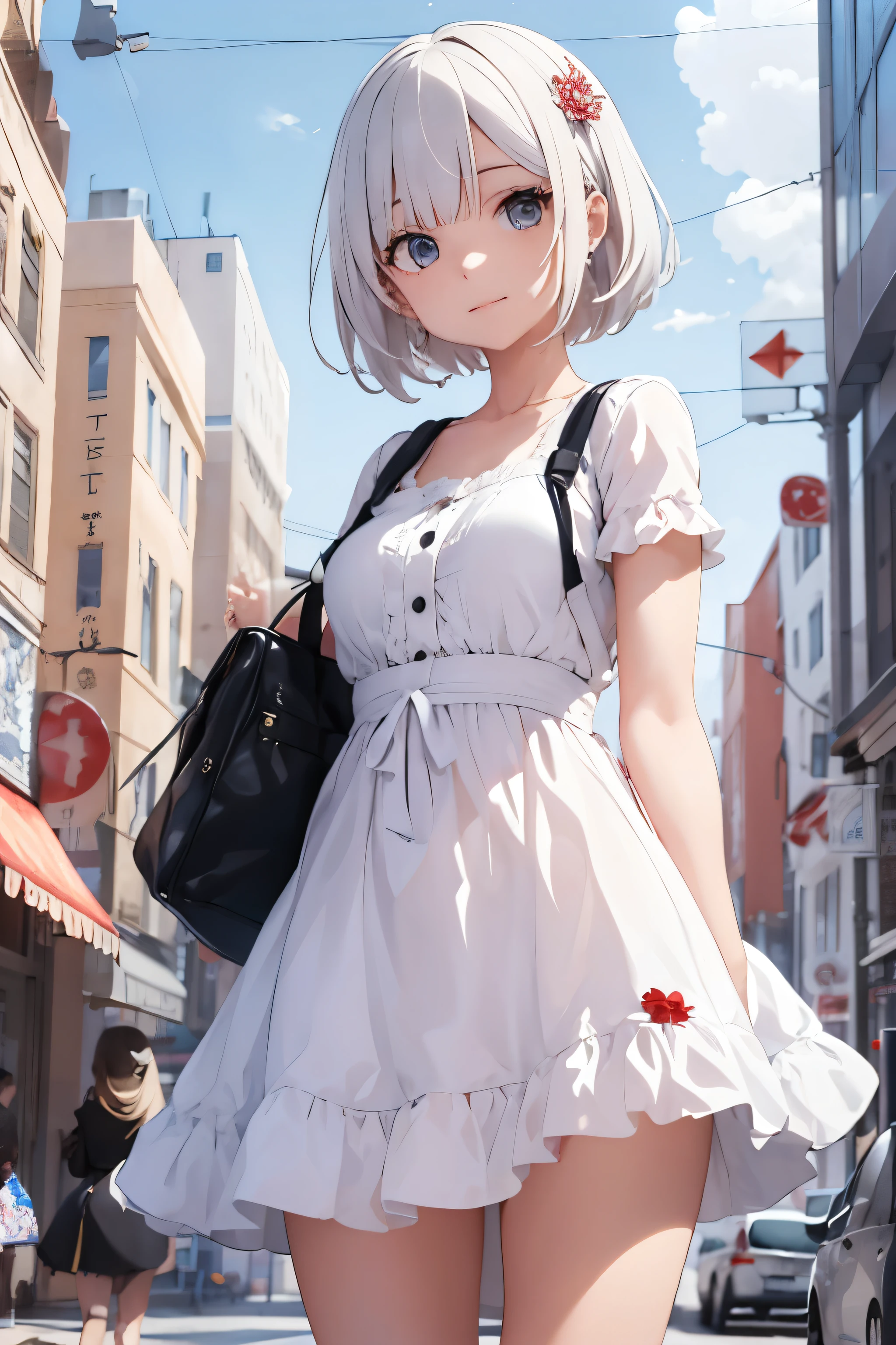 ((best quality)), ((masterpiece)), (detailed), perfect face, white hair short, city, dufflebag, Bangs Over Eyes, Dress