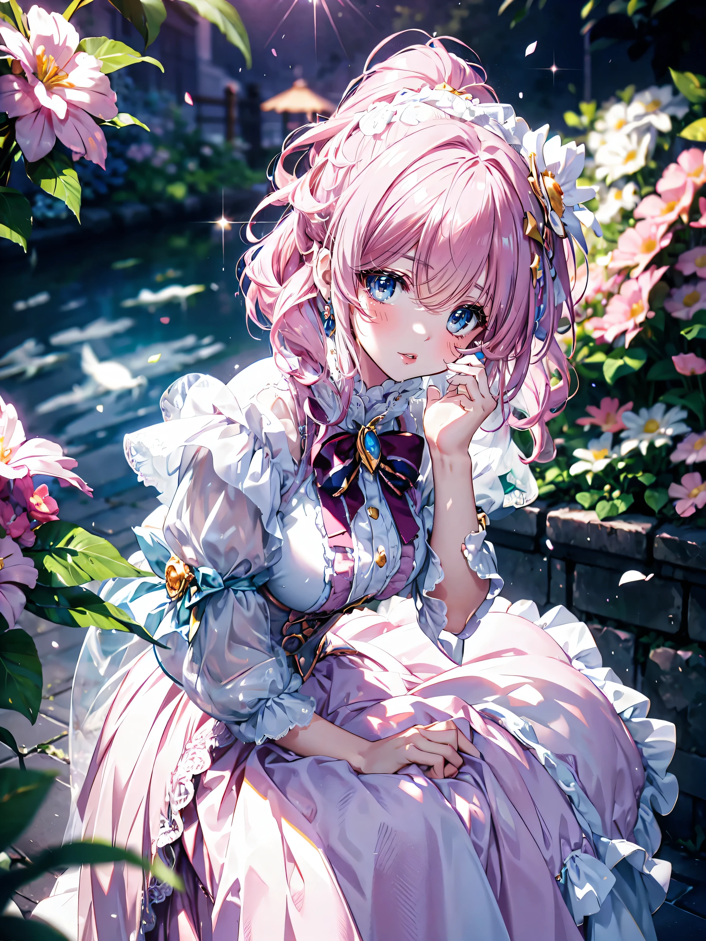 ((ultra detailed, exquisite quality, cinematic lighting)), (anime moe art style:1.1), (((young face solo princess))), (incredibly cute rococo victorian gown with long hems, voluminous princess style skirt, elaborate lace gown:1.5), (huge breasts), breasts cleavage, breasts focus, ((hair pink hair)), ((fluffy long Expressive ponytail)), (leaning forward, looking up, from above, front view, facing at viewer:2), kawaii face, head tilt, shy smile, put index finger on mouth, (face focus, eyes focus, blurry background, depth of field:2), (isometric 3D, octane render, ray tracing:1.5), cinematic shadows, backlighting, particle effect, caustics, super detailed skin, (hyper detail delicate eyes, hyper beautiful eyes), (lot's of colorful flowers, sparkling glass classic greenhouse:1.5), (eyes blue eyes), (Cut off light pink-hair), 