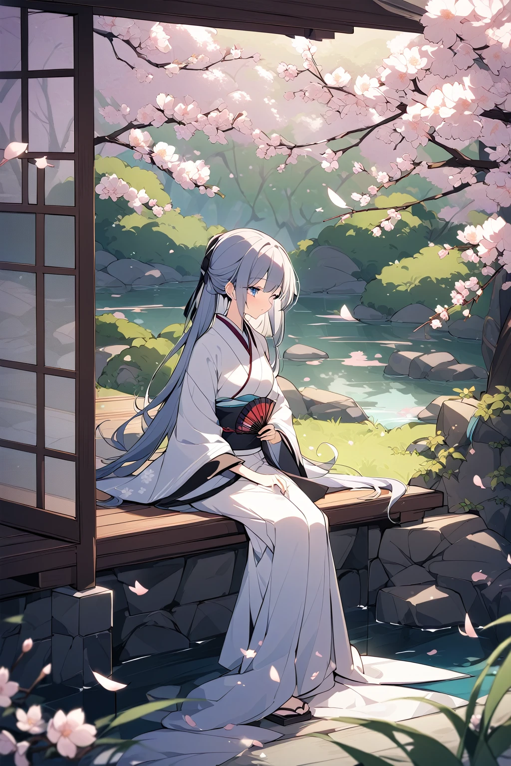 A Japanese woman in traditional kimono sits by a pond in a tranquil Japanese garden. The background includes cherry blossom trees and weeping willows under the eaves. She holds a folding fan, with the breeze gently blowing her long hair, exuding serenity and elegance. The composition uses a medium shot to highlight the woman's elegance and tranquility, with the cherry blossoms and willows adding natural beauty.