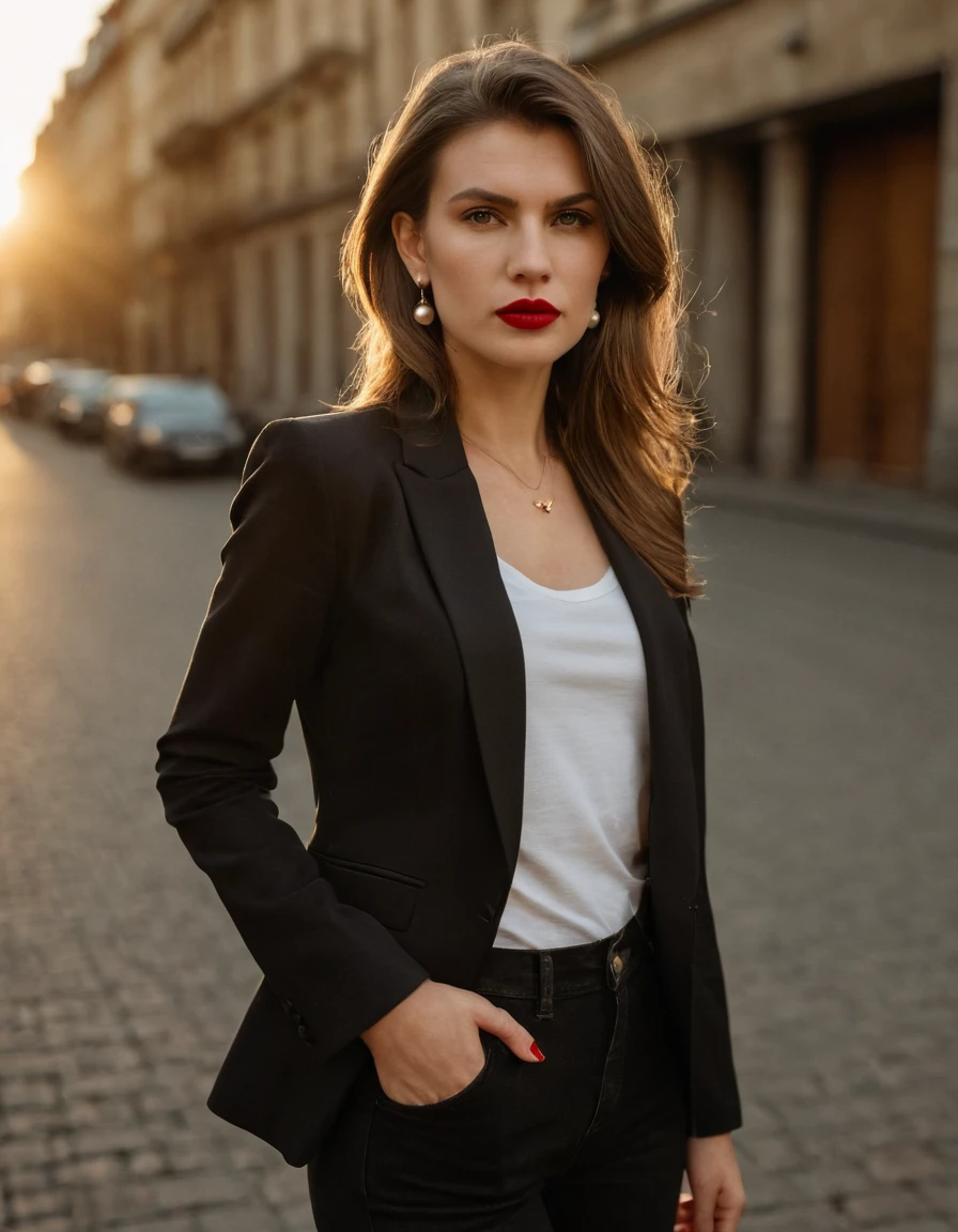 color digital photograph of Lucie Prochazka a woman from czech republic wearing (a black blazer), (a white t-shirt), (black skinny jeans), (black ankle boots), (pearl earrings), (red lipstick), and Slingbacks shoes shot on Nikon Z9 by Denis Karasev, 26 years old, slavic woman, pale skin, (long hair), tiny figure, small breasts, feeling (feeling Hate, Intense, Hostile, Aversion, Anger, Resentment, Disgust, Animosity, Hostility, Loathing, Malice, face: Scowl, Frown, Glare, Narrowed Eyes, Sneer, Lip Curl, Tense Jaw, Raised Eyebrows, Cold Stare, Contempt), at golden hour,full body, masterpiece, natural lighting, (outdoor setting:1.2), warm tones, side lighting, natural skin details, 4k, UHD, masterpiece, detailed eyes, detailed face, detailed skin, perfect hands, perfect feets, photo, high skin detail, moles, imperfect skin, ultra realism, RAW photo, subsurface scattering