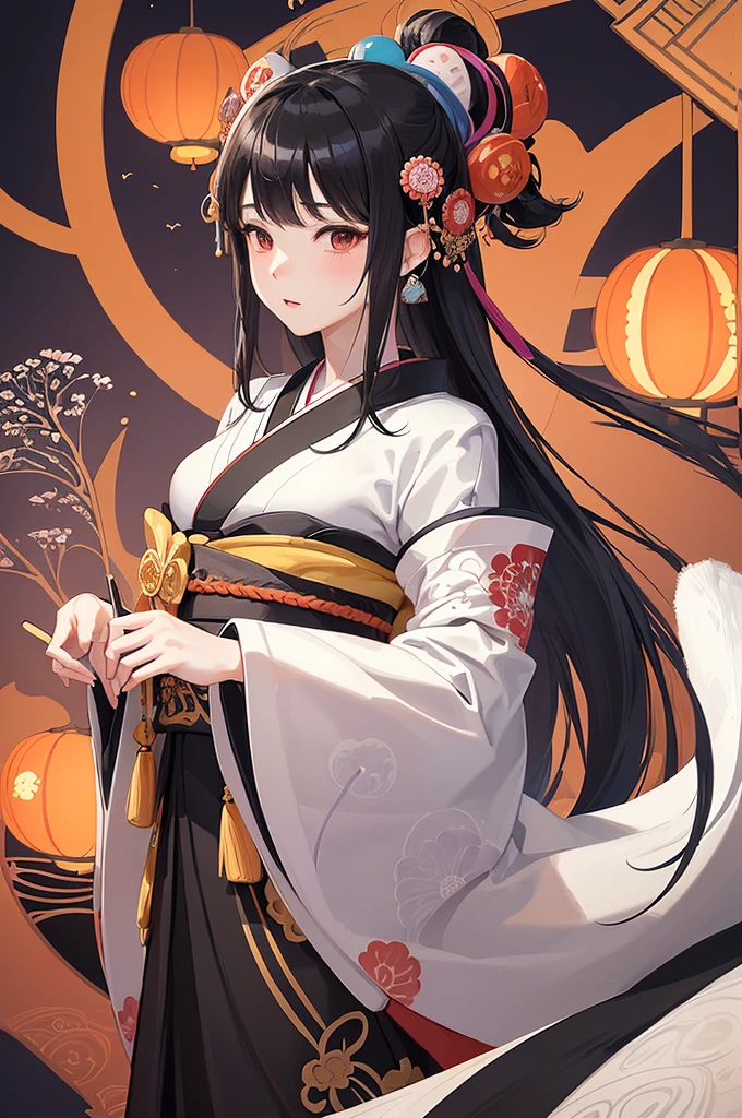 (masuter piece、top-quality、ukiyoe style、Mystical、Beautifully Aesthetic、offcial art、Sharaku:1.2)、(1 girl in:1.3)、(Fractal Art:1.3)、cowboy shot、white and clean skin、(Beautiful black hair、Kimono:1.2)、Traditional performing arts of Japan in the background、highly colorful、(scrollwork、A Japanese style:1.2)、Ghost pumpkin、Halloween
