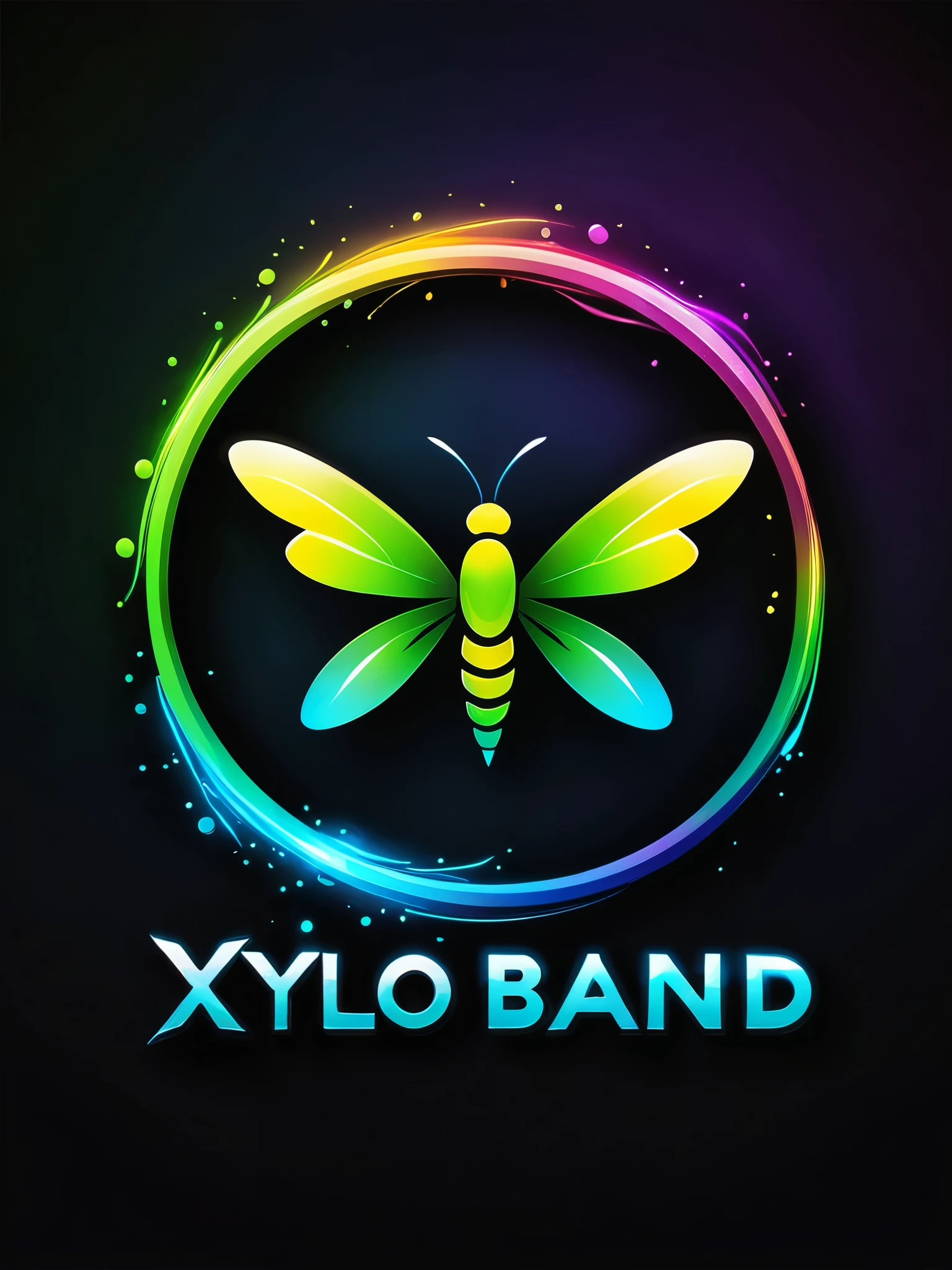 Create a vibrant, color painting-style logo titled "Xylo Band". The logo should feature a sleek and modern design of a firefly with its rear portion glowing in super vibrant neon colors like green, blue, and yellow. The painting style should include fluid, artistic brushstrokes that convey motion and light. Ensure the background complements the glowing colors and enhances the overall dynamic and eye-catching effect of the logo.
