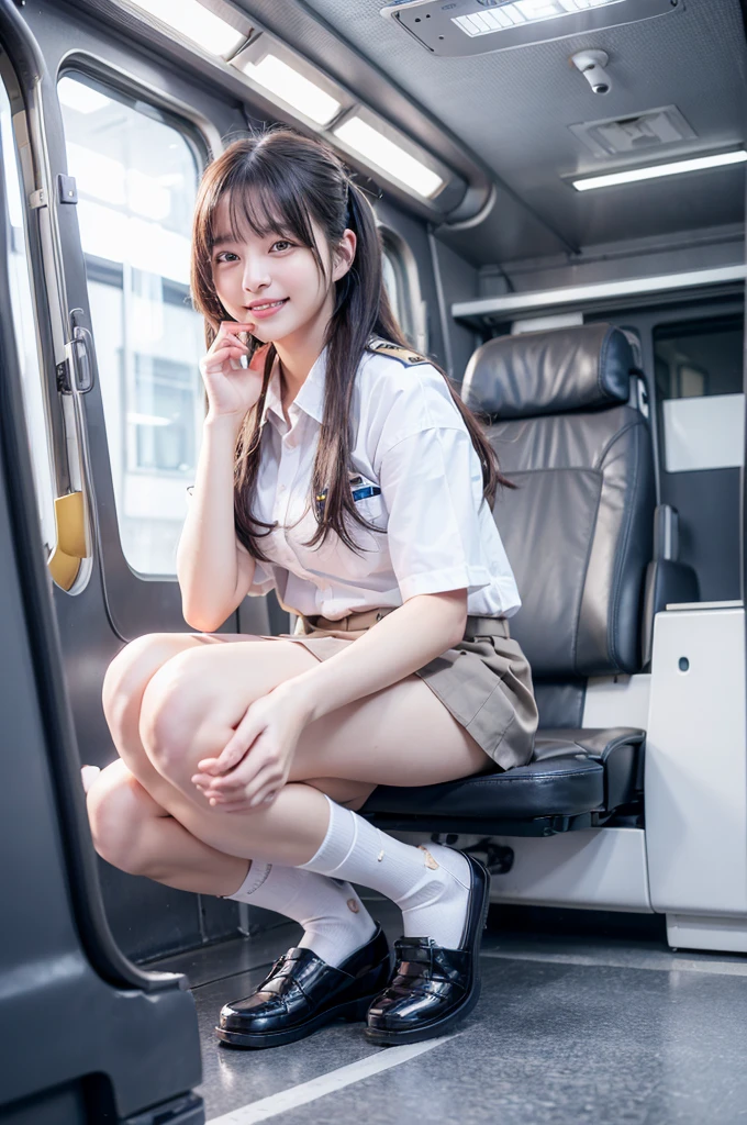 Highest quality, masterpiece, Ultra-high resolution, (reality: 1.4), Original photo, One Girl, mature, White JK Uniform, Smile, , Squatting on a train seat, Cinema Lighting