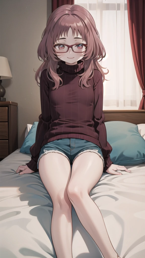 masterpiece, perfect lighting, (beautiful, best quality: 1.3), perfect eyes, perfect ???????, absurd, 8k, 1 girl, ???? legs, black stockings, blue shorts, in love, red eyes, feet, red glasses, medium hair , long hair, red hair, eyes wide open, smiling in front, small ???????, sitting, yellow turtleneck sweater, room with bed and stuffed animals