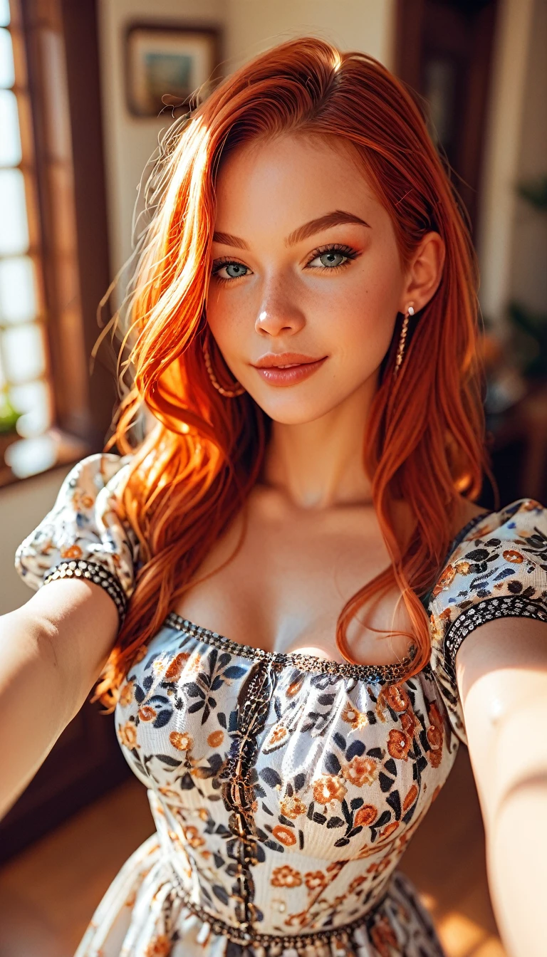 score_9, score_8_up, score_7_up , Redhead wearing a detailed embroidered dress taking a stunning blurry selfie