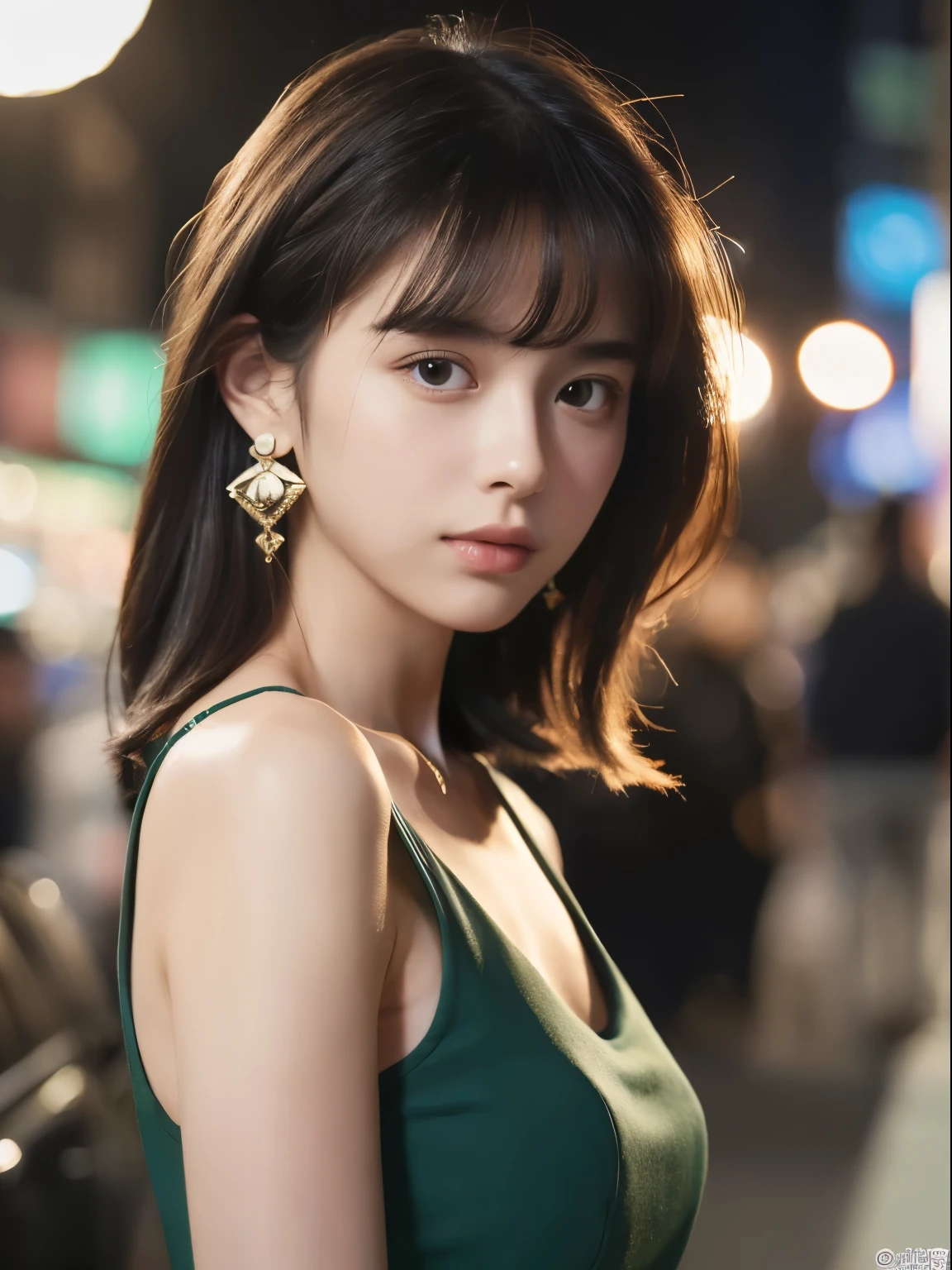 (8k, Top quality, Masterpiece:1.2), (Realistic, photo-realistic:1.37), Super detailed, perfect anatomy, cute, small eyes, high slit dress, 18-years old, a Japanese, girl, at night, earrings, pendant,