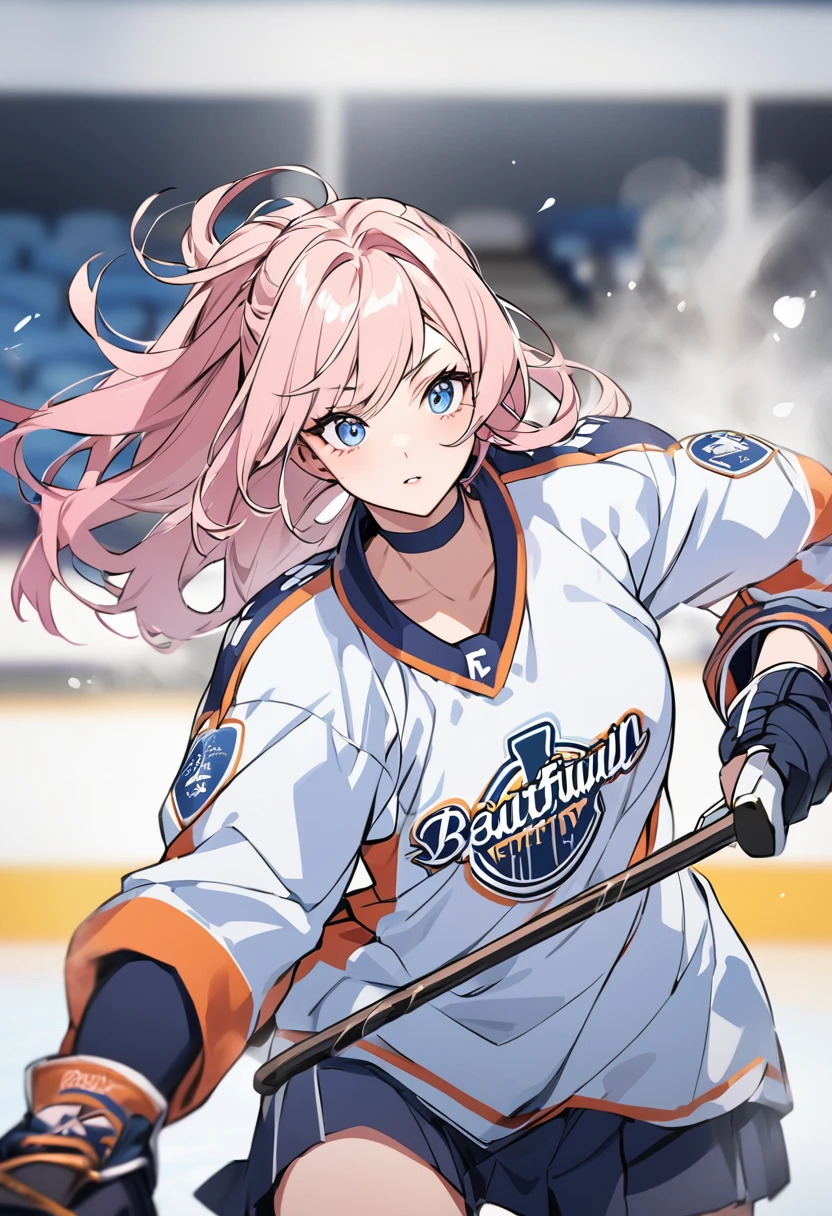 Make an image of a beautiful pretty girl playing hockey, she's pretty, provide a background and make it look more beautiful