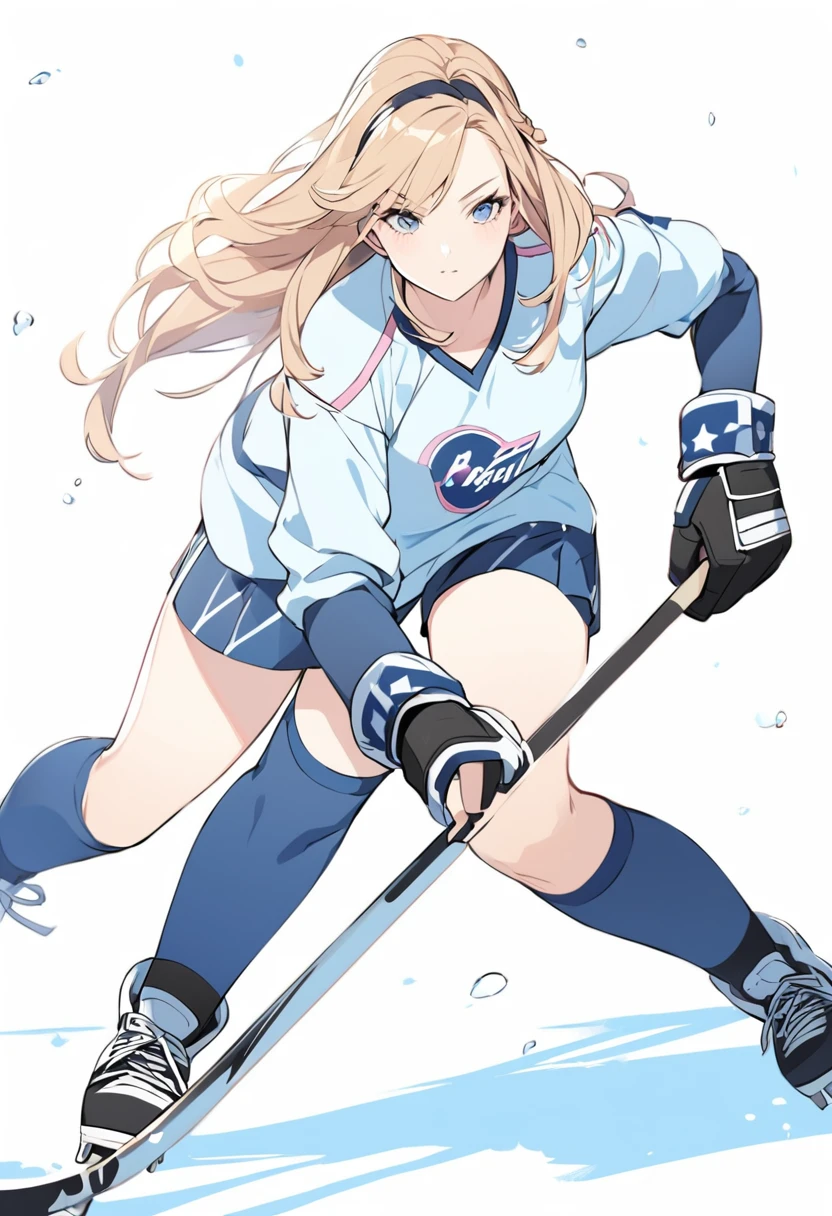 Make an image of a beautiful pretty girl playing hockey, she's pretty, provide a background and make it look more beautiful 
