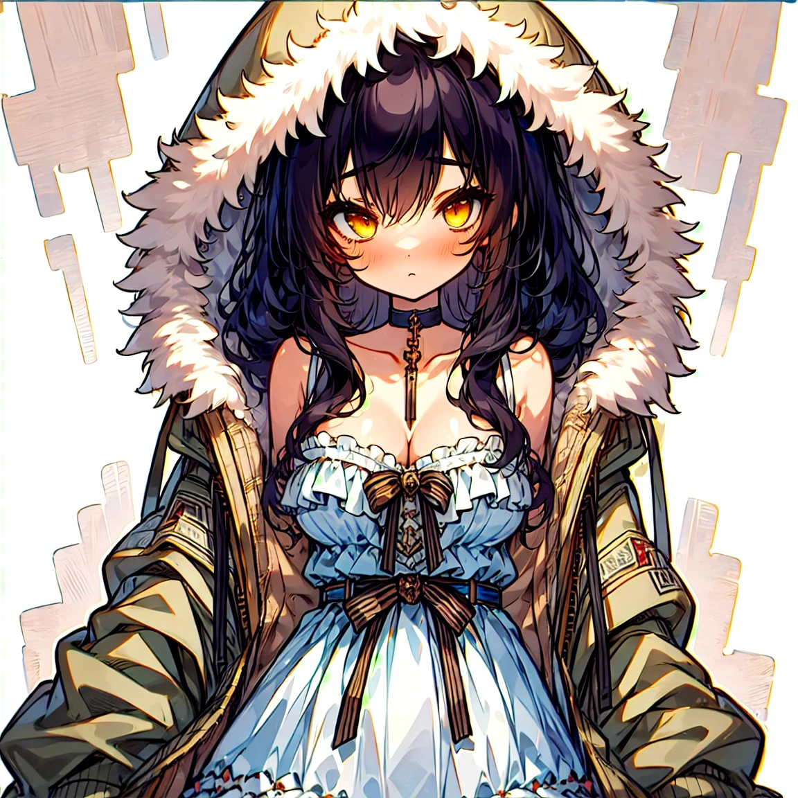 (masterpiece, best quality:1.2), 1girl, solo, bangs, black hair, yellow eyes, one side up, bare shoulders, blush, breasts, choker, cleavage, coat, collar, collarbone, cowboy shot, dress, lace dress, belt, red bow, red ribbon, neck ribbon, collared shirt, eyebrows visible through hair, frills, fur, fur-trimmed coat, fur-trimmed hood, fur-trimmed jacket, fur-trimmed sleeves, fur coat, fur collar, fur trim, hood down, hooded coat, hooded jacket, hoodie, jacket, large breasts, long hair, long sleeves, looking at viewer,medium breasts, open clothes, open coat,open hoodie, sleeveless, winter clothes, winter coat, zipper, cleavage, upper body