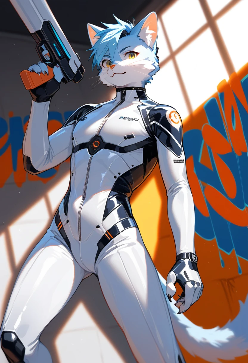 animation, Highest quality, Highest quality, High quality illustrations, masterpiece, Ultra-high resolution, Detailed Background, cyber cafe, Graffiti art on the wall, Absurd, Perfect Anatomy, performance, Good lighting, Shadows in the movies(kemono, Furry PersonifiCation), Cat, Blueskin, White Rubber Suit, latex, neon, neonライト, neonカラー, Bodysuits, Cyber Suit, Mech Suit, Rubber Half Jacket, cyber punk, Blade Runner, He has a gun in his right hand, Holding a blade in his left hand