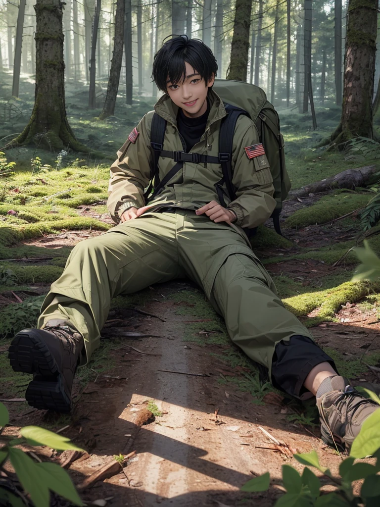 (((Masterpiece))), (high quality), one Japanese boy, 18 years old,(tall and thin,sleepy droopy eyes, long face, (thin cheeks:1.2),(black shaggy short hair,blank expression,smile:1.5),(khaki outdoor jacket,Olive cargo pants,Black trekking shoes,Black Rucksack,Full body portrait:1.5),(The background is the forest:1.5),(Collapsed in the woods,Lying directly on the ground,Fainted:1.5)