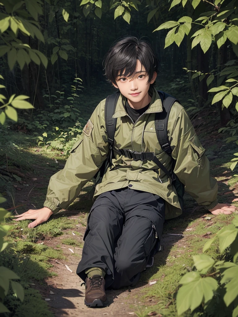 (((Masterpiece))), (high quality), one Japanese boy, 18 years old,(tall and thin,sleepy droopy eyes, long face, (thin cheeks:1.2),(black shaggy short hair,blank expression,smile:1.5),(khaki outdoor jacket,Olive cargo pants,Black trekking shoes,Black Rucksack,Full body portrait:1.5),(The background is the forest:1.5),(Collapsed in the woods,Lying directly on the ground,Fainted:1.5)