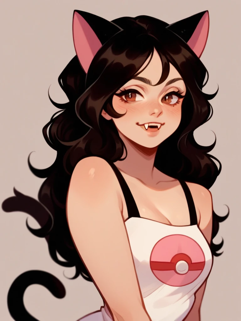 Half body, A beautiful woman, long wavy black hair, brown eyes, casual clothing, cat ears and tail, fangs, horns, sexi, dressed as Trainer Pokemon.