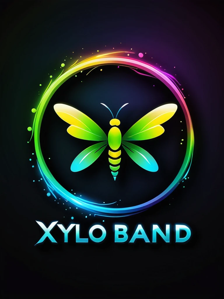 Create a vibrant, color painting-style logo titled "Xylo Band". Design a sleek and modern firefly with a simple silhouette. Focus on its tails, which should glow in super vibrant neon colors like green, blue, and yellow. Use fluid and artistic brushstrokes to depict motion and light, ensuring the painting style enhances the dynamic effect of the logo. Choose a background that complements the glowing colors, making the firefly stand out prominently. Aim for a composition that is visually appealing and captures the essence of energy and creativity.