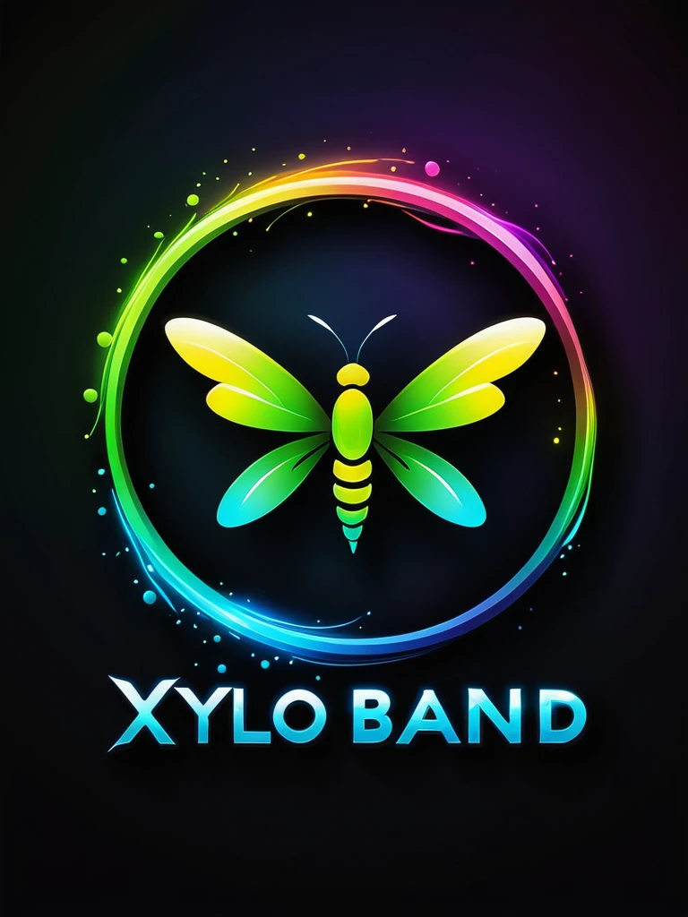 Create a vibrant, color painting-style logo titled "Xylo Band". Design a sleek and modern firefly with a simple silhouette. Focus on its tails, which should glow in super vibrant neon colors like green, blue, and yellow. Use fluid and artistic brushstrokes to depict motion and light, ensuring the painting style enhances the dynamic effect of the logo. Choose a background that complements the glowing colors, making the firefly stand out prominently. Aim for a composition that is visually appealing and captures the essence of energy and creativity.