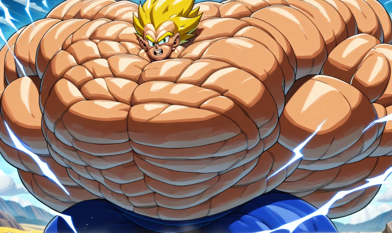 1boy, Vegeta, from Dragon Ball Z, masterpiece, best quality, very aesthetic, absurdres, saiyan, green eyes, spiked hair, (yellow hair:2), shirtless, blue skintight pants, white gloves, (huge muscles:4), dragonballartstyle, in the style of Akira Toriyama, outdoors, flat-top mountains, abs, yellow aura, electricity