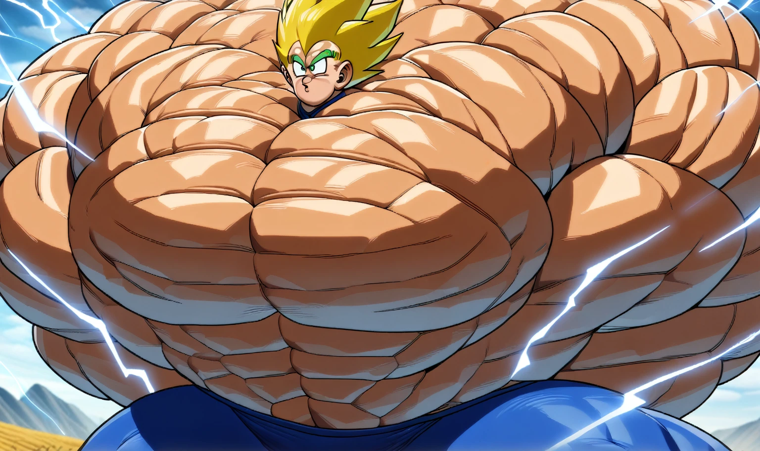 1boy, Vegeta, from Dragon Ball Z, masterpiece, best quality, very aesthetic, absurdres, saiyan, green eyes, spiked hair, (yellow hair:2), shirtless, blue skintight pants, white gloves, (huge muscles:4), dragonballartstyle, in the style of Akira Toriyama, outdoors, flat-top mountains, abs, yellow aura, electricity