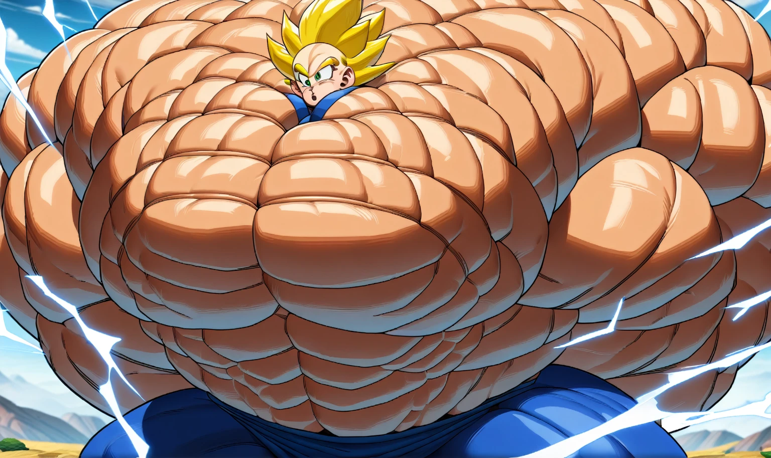 1boy, Vegeta, from Dragon Ball Z, masterpiece, best quality, very aesthetic, absurdres, saiyan, green eyes, spiked hair, (yellow hair:2), shirtless, blue skintight pants, white gloves, (huge muscles:4), dragonballartstyle, in the style of Akira Toriyama, outdoors, flat-top mountains, abs, yellow aura, electricity