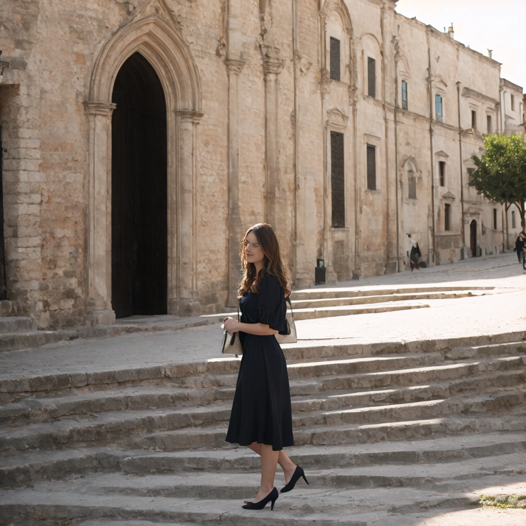 a woman wearing a black dress, in front of the Cathedral of Matera