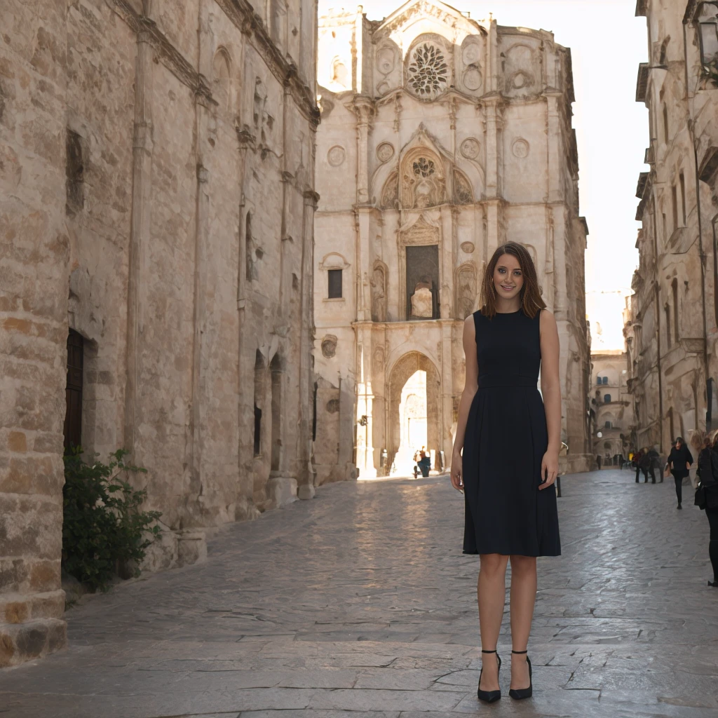 a woman wearing a black dress, in front of the Cathedral of Matera