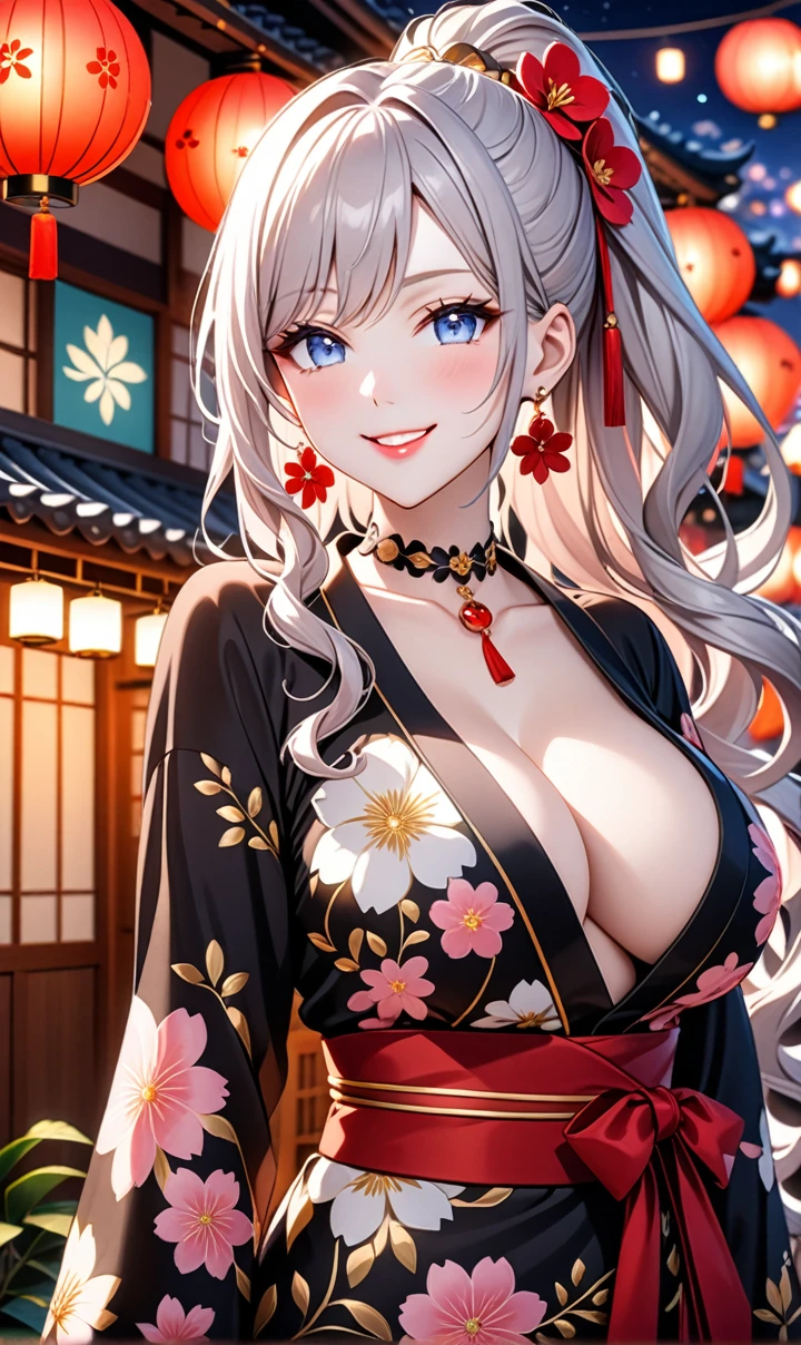 ultra-detailed, ((one girl)), (portrait), (pale skin:1.4), in pastel colors gyaru, (heavy makeup), (professional lighting), hyper detailed, absurdres, 8k, Beautiful Face, (Laugh shyly), ((teasing smile:1.8)), ((Wink:1.5)), (Laugh with your mouth wide open),((Tilt your face:1.6)), View your viewers, ((Bright red cheeks:1.6)),Glossy Red Lips, ((huge :1.5)), ((undres, ((Showing nipples)), night fireworks, Luxury Ryokan, ((Anime style background)),masterpiece, Highest quality, so beautiful,Latest, Complex details, (Pink long nails), (nail art), (ring),(bracelet), (Floral Choker),AI-generated, Complex,High resolution, Highest quality, super high quality,3D Images、3D Images,One person,Pastel silver long hair,(High Ponytail), (wavy hair:1.3), Pastel anime woman posing for a photo, ((Fine grain、blue eyes、glowing eyes:1.4)), (Squint your eyes:1.1), (one eye closed:1.2), a hyperRealistic , hyperRealistic , Realistic,Anime woman with long pastel white hair, Smooth anime CG art, A girl in a gorgeous black kimono, ((Black long-sleeved kimono)),(Large red floral pattern), Golden embroidery, (sideboob), Long flower hair ornament,Floral Earrings, Mature Body, tall,Narrot, ((looking forward:1.3)), front view, ((upper body)),