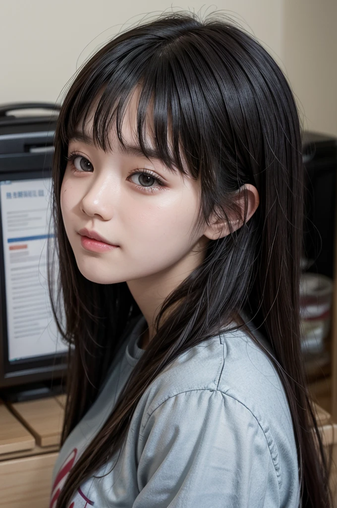 Female university student。With bangs。Black Hair。cute image。