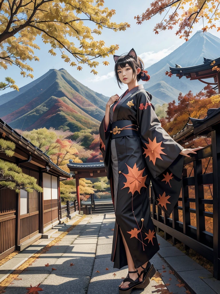 Background of details(the morning sun(mountainscape))(Kyoto in Japan(Colored leaves:1.5)),BREAK ,elaborate costume(Luxury kimono(Colorful kimono(detailed embroidery()))),BREAK,1 Beautiful and classy cat-eared woman(Japanese actressl:1.2)(glossy dark hair(Dark gray cat ears))(Arms outstretched),BREAK,Wallpapers 16K,Blur the background,(masutepiece:1.5), (Best Quality:1.5),(Portrait photos:1.5),(full body Esbian:1.5), Holding a brush in your right hand, Painting on a large campus,Precincts of the shrine,