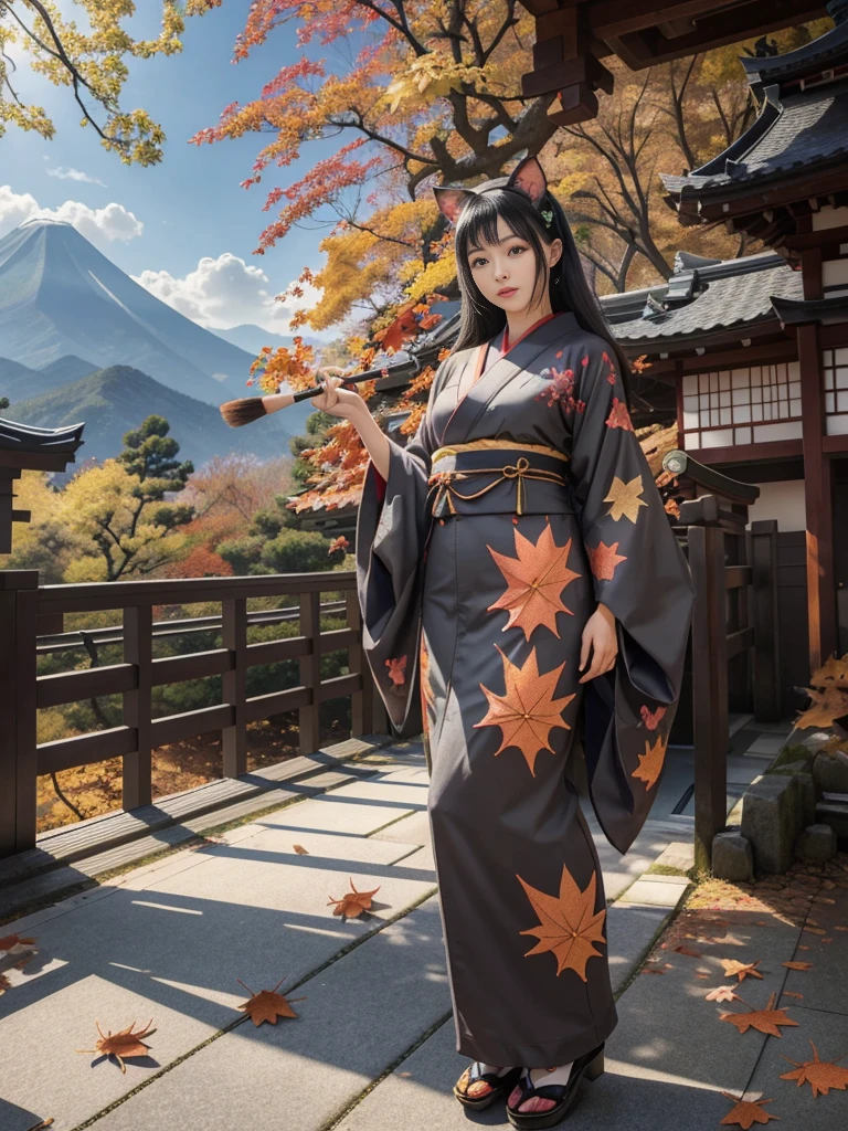 Background of details(the morning sun(mountainscape))(Kyoto in Japan(Colored leaves:1.5)),BREAK ,elaborate costume(Luxury kimono(Colorful kimono(detailed embroidery()))),BREAK,1 Beautiful and classy cat-eared woman(Japanese actressl:1.2)(glossy dark hair(Dark gray cat ears))(Arms outstretched),BREAK,Wallpapers 16K,Blur the background,(masutepiece:1.5), (Best Quality:1.5),(Portrait photos:1.5),(full body Esbian:1.5), Holding a brush in your right hand, Painting on a large campus,Precincts of the shrine,