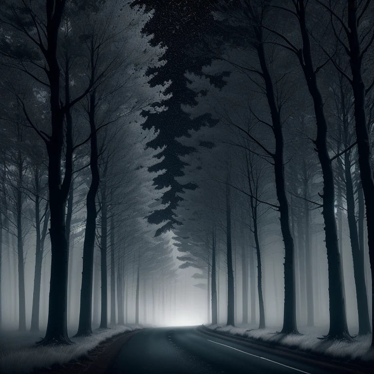 A melancholy nighttime landscape. A lonely road winding through a misty forest under a cloudy sky. Pale moonlight filters through the branches, casting long shadows. A single streetlamp flickers in the distance. The overall mood is somber and introspective, with a color palette dominated by deep blues and greys