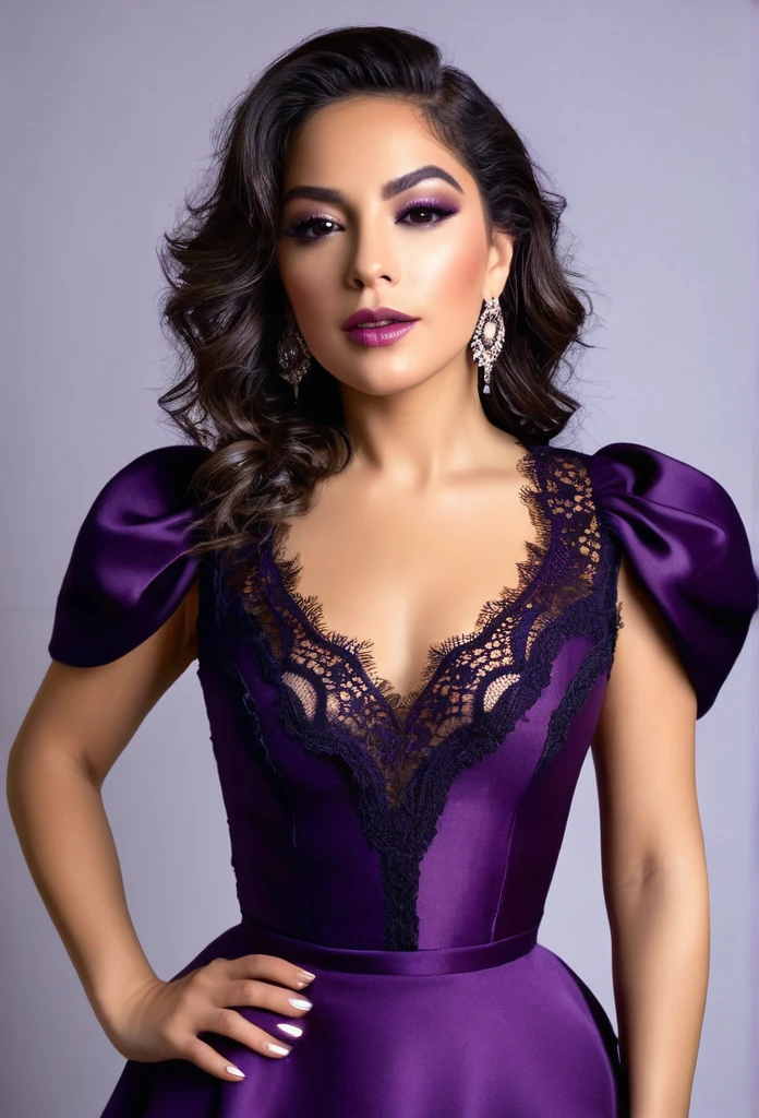 a beautiful Latina female singer wearing a modern eveningwear top. comfortable and flexible. suitable for a warm evening. Inspired by 19th century French fashion.lace, military. Rich purple silk