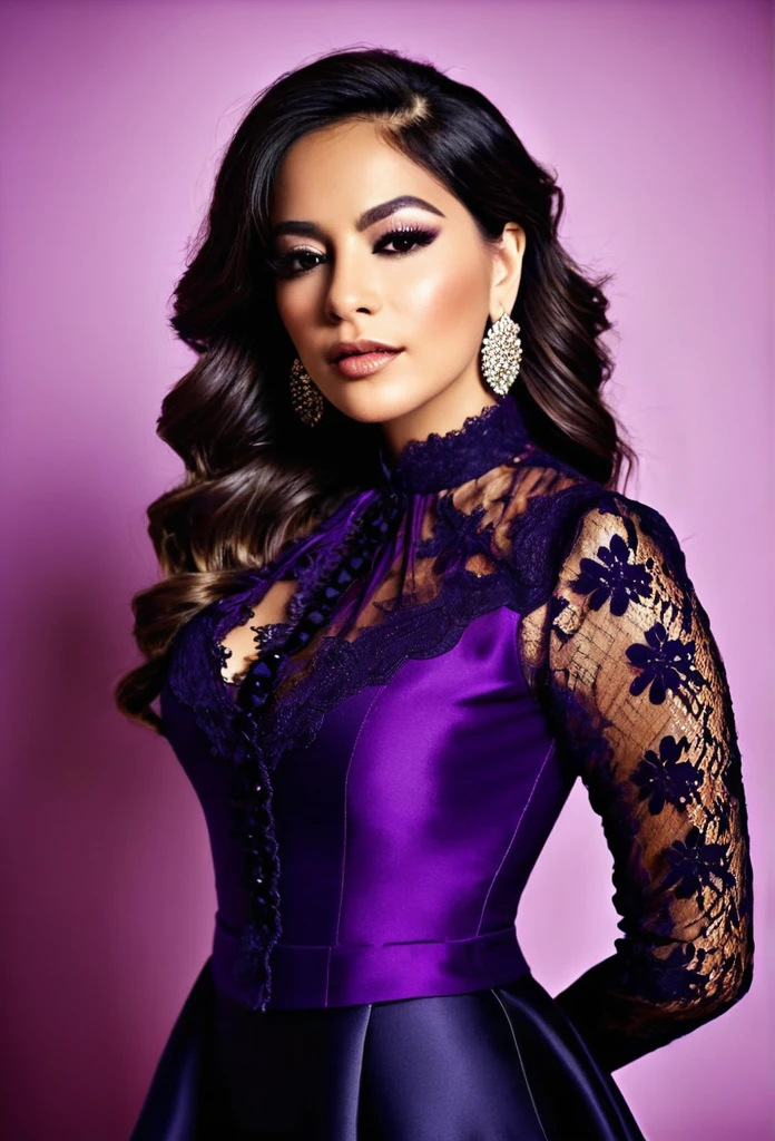 a beautiful Latina female singer wearing a modern eveningwear top. comfortable and flexible. suitable for a warm evening. Inspired by 19th century French fashion.lace, military. Rich purple silk