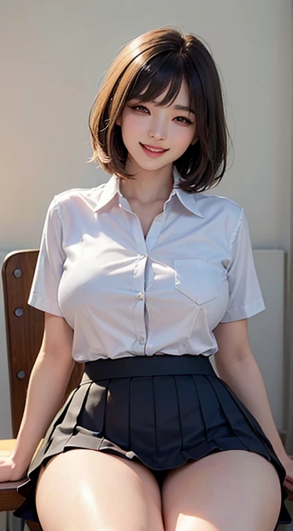 (masterpiece, Highest quality, Realistic:1.3), Intricate details, ( Korean beauty, K-Pop Idols:1.2), Dynamic Angle, View your viewers, (Detailed Realistic Lighting, Backlight, shadowing:1.1), (((whole body))), (Fine eyebrows, Short hair with bangs, Realistic beautiful eyes, Realistic glossy skin, Handsome face with great attention to detail:1.1), (Mischievous Smile:1.4), (thin. Huge breasts, th Thighs, Wide Hips, Perfect figure:1.1), (Lift your legs, Sitting at a desk:1.2), (From below), focus on Thighs, (school uniform), (Checked skirt), (Short skirt), Half closed eyes, blonde, ((eye shadow)), Mouth closed, Detailed Hair, ((whole body))