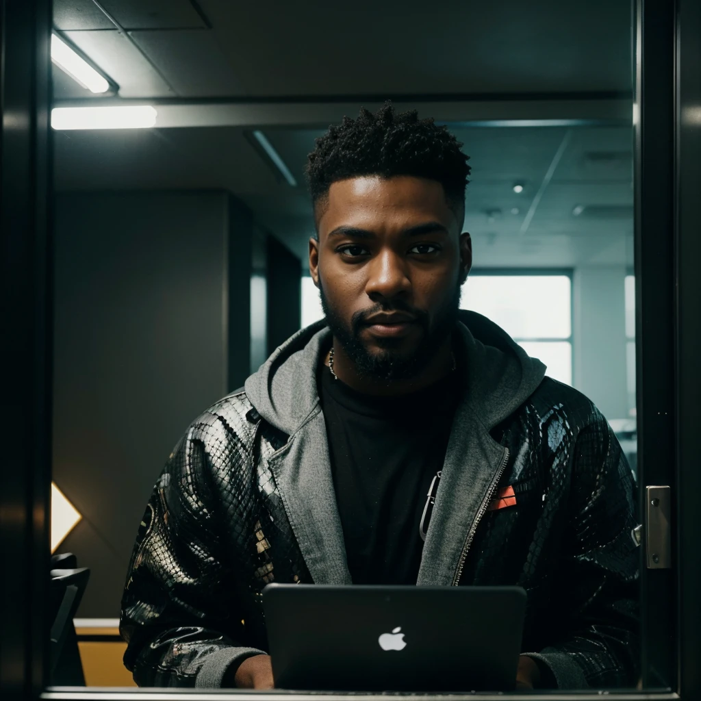 Black man around 22 years old, good looking and bearded, python programmer, cyberpunk, inside an apartment, looking through glass windows, futuristic city, strategist look, laptop, cinematic, ultra realistic, highly detailed (masterpiece)