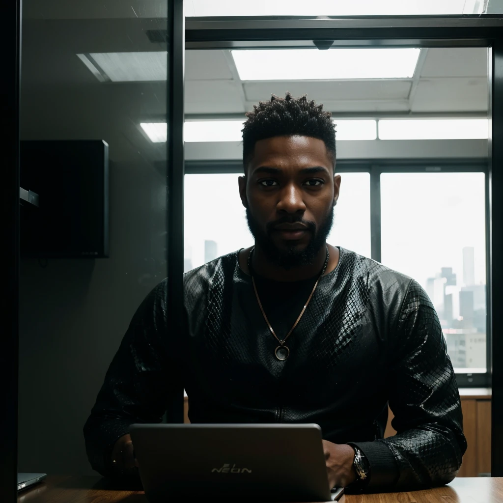 Black man around 22 years old, good looking and bearded, python programmer, cyberpunk, inside an apartment, looking through glass windows, futuristic city, strategist look, laptop, cinematic, ultra realistic, highly detailed (masterpiece)