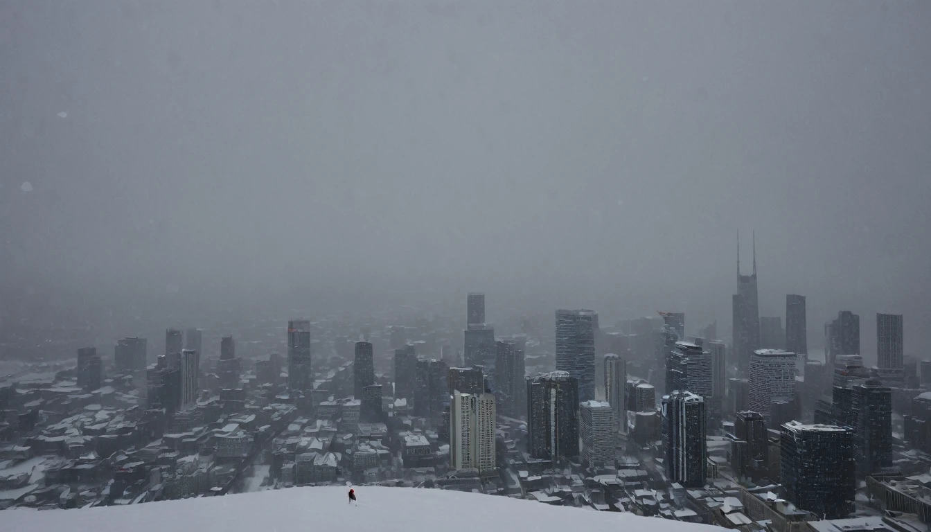 Cityscape, architecture, Non-human, cold sky,(blizzard:1.5), Snowstorm, City, dark sky, cold,Covered in heavy snow