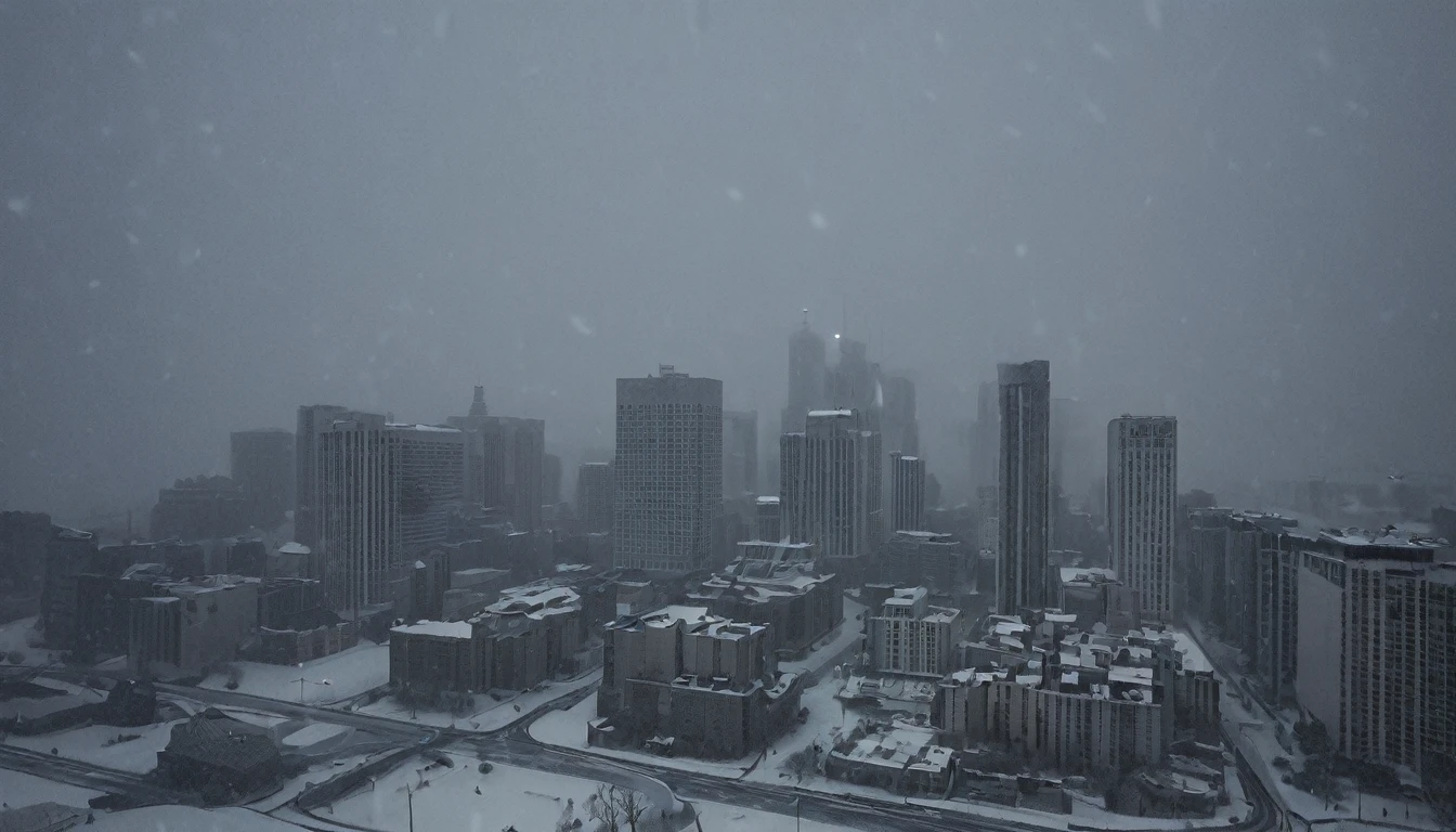 Cityscape, architecture, Non-human, cold sky,(blizzard:1.5), Snowstorm, City, dark sky, cold,Covered in heavy snow