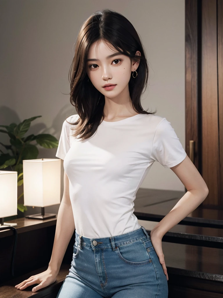absurdres, RAW photo, extremely delicate and beautiful, masterpiece, Best Quality, ultra high resolution, 32k, hyperrealistic, ultra-detailed, perfect anatomy, super Detailed skin, perfect figure, Super Beauty, Perfect Style, Perfect balance, in her 20s, very small head, very small face, delicate facial features, tearful mole, earring, round breasts, medium hair, whole body shot, tight t-shirt, Tight skinny jeans, indoor,