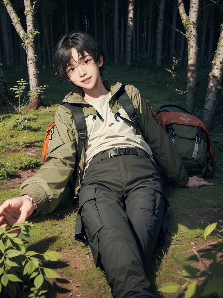 (((Masterpiece))), (high quality), one Japanese boy, 18 years old,(tall and thin,sleepy droopy eyes, long face, (thin cheeks:1.2),(black shaggy short hair,blank expression,smile:1.5),(khaki outdoor jacket,Olive cargo pants,Black trekking shoes,Black Rucksack,Full body portrait:1.5),(The background is a forest at night:1.5),(Lying in the woods at night,Lying directly on the ground,Fainted:1.5)