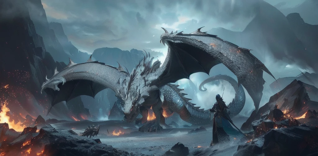 there is a dragon that is standing in the middle of a fire, battle with dragon, 4K fantasy art, 8K fantasy art, Epic Fantasy Illustration, dragons, dragon in the background, fighting a dragon, epic fantasy science fiction illustration, fantasy art behance, d & d fantasy digital art, epic fantasy digital art style, fantasy epic digital art, Epic fantasy work